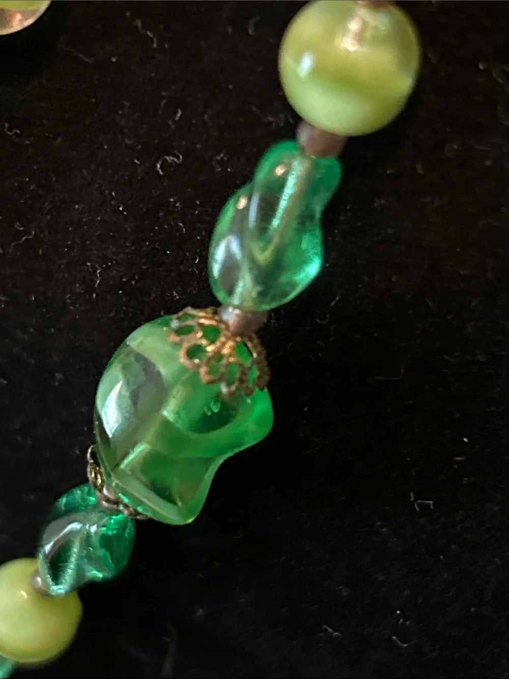 Czech Green Lamp Glass Bead Necklace with Brass Filigree Caps